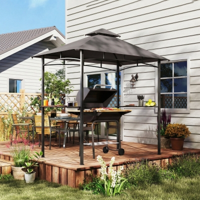 Outsunny 8' x 5' BBQ Grill Gazebo Tent with Double Tiered Canopy for Outdoor Sun Shade, Dark Grey
