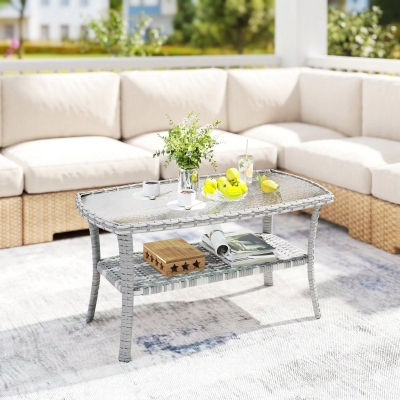 Outsunny Outdoor Coffee Table with Storage Shelf, PE Wicker Patio Table with Glass Top for Garden, Backyard, Dark Grey