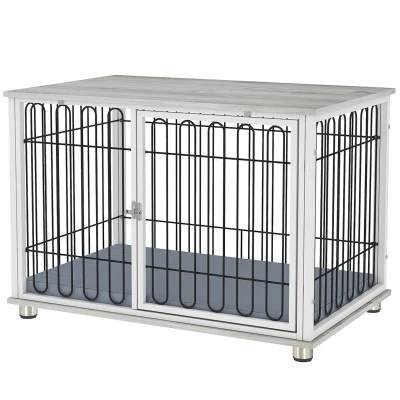 PawHut Dog Crate Furniture with Washable Cushion, Adjustable Feet for Medium Dogs, Indoor Use, Grey