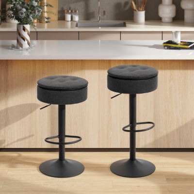 HOMCOM Set of 2 Barstools with Storage, Swivel Bar Stools with PU Leather Upholstered, Footrest, Steel Base, Black