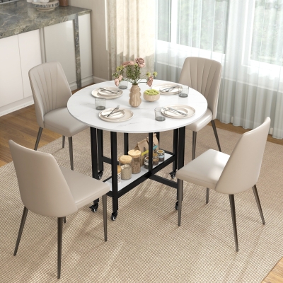HOMCOM Folding Dining Table, Drop Leaf Table with Open Shelf, Rolling Kitchen Table for Dining Room, Small Spaces, White Marble