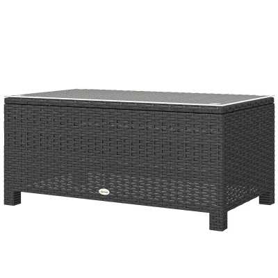 Outsunny PE Wicker Outdoor Coffee Table with Glass Top Garden Patio Table, Dark Grey