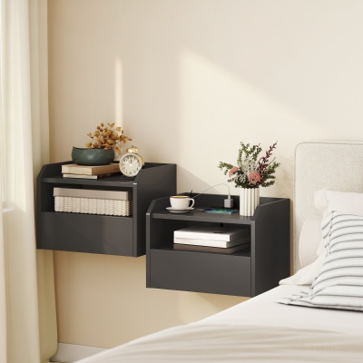 HOMCOM Wall Mounted Bedside Table, Set of 2 Floating Nightstand with Charging Station, Drawer and Open Shelf for Bedroom, Black