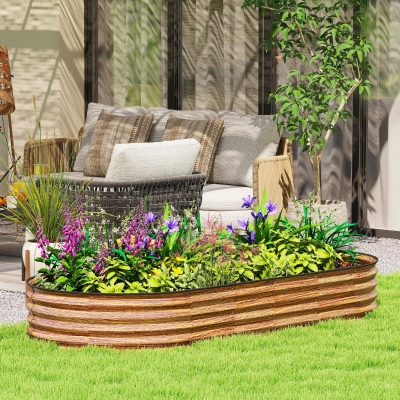 Outsunny 7' x 3' x 1' Large Outdoor Planter Box, Galvanized Raised Garden Bed with Metal Plant Stake, Brown