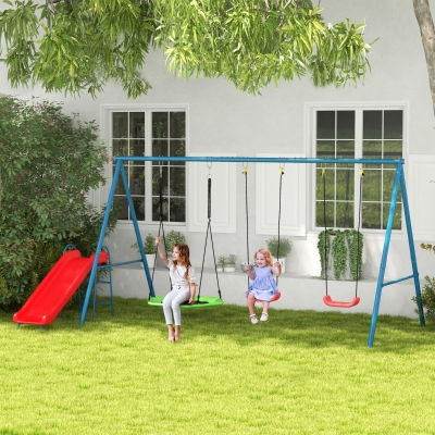 Outsunny Metal Swing Set for Backyard, 4 in 1 Design with 1 Nest Swing, 2 Seats, 1 Slide, Holds Up to 352 lbs. for Ages 3-8