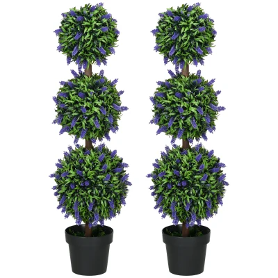 HOMCOM 3.5ft Set of 2 Artificial Plants, Lavender Flowers Ball Trees with Pot, for Home Indoor Outdoor Decor
