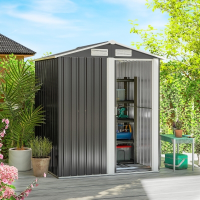 Outsunny 5ft x 4ft Garden Metal Storage Shed, Tool Storage Shed with Top Vents, Sliding Door, Sloped Roof and Foundation Kit for Garden, Patio, Lawn, Dark Grey