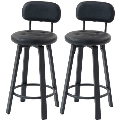 HOMCOM Bar Stools Set of 2, Upholstered Breakfast Bar Chairs with Footrest and Backrest for Kitchen Counter, Black