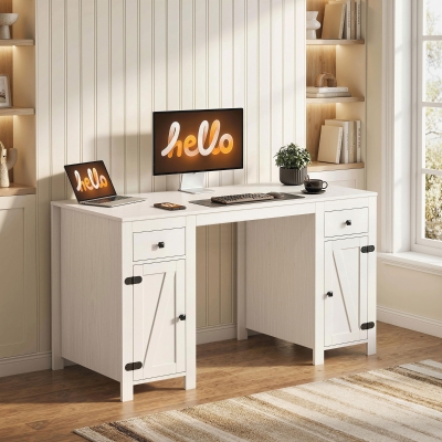 HOMCOM 53" Farmhouse Executive Desk, Computer Desk with Drawers and 2 Cabinets, Study Table for Home Office, White Wood Grain