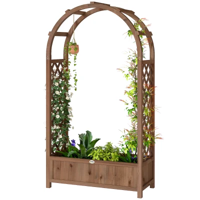 Outsunny Raised Garden Bed with Arch Trellis, Freestanding Garden Planter Box, Outdoor Planter Container, Dark Brown Wood Effect