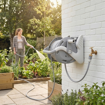 Outsunny Portable Garden Hose Reel, 1/2" x 66ft Wall Mounted Hose Reel with 2 Patterns Spray Nozzle and Crank Handle, Grey