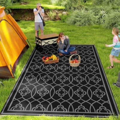 Outsunny 9' x 18' Outdoor RV Rug, Reversible Patio Floor Mat with Carry Bag, Lantern, Black and Grey