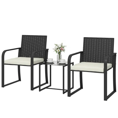 Outsunny Outdoor Bistro Set, 3 Piece Wicker Patio Furniture with Mesh Seat, Glass Table, Cushions for Porch, Balcony, Cream White