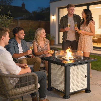 Outsunny 32" Propane Gas Fire Pit Table, 50,000 BTU Square Patio Table with Fire Pit, Wind Guard, Lid, CSA Certified, Grey