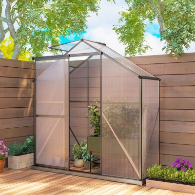 Outsunny 6' x 2.5' Walk-in Polycarbonate Greenhouse Aluminium Green House with Sliding Door, 5-Level Roof Vent, Rain Gutter