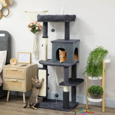 PawHut 52 Inch Cat Tree with Scratching Posts, Cat Bed, Condo, Grooming Brush, Jumping Platforms, Toy Balls, Anti-tip Kit