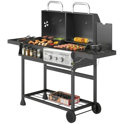 Outsunny Dual Fuel BBQ Grill, Charcoal and 2+1 Gas Burner Barbecue Grill with Wheels, Warming Rack, Black