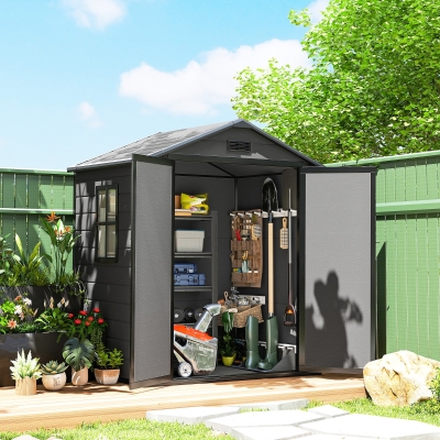 Outsunny 6x4.5FT Plastic Shed, Lockable Garden Tool Storage House with Double Doors and Vent, Grey