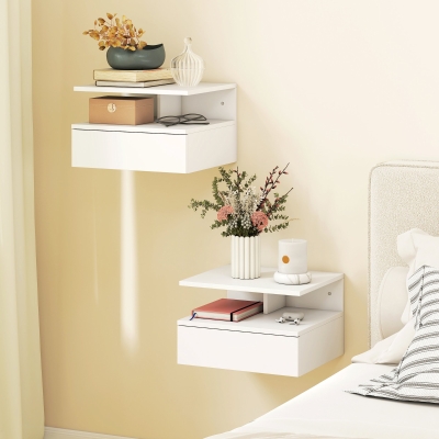 HOMCOM Floating Nightstand Set of 2, Wall Mounted Bedside Table with Drawer and Shelf, Small Night Stand for Bedroom, White
