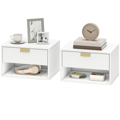 HOMCOM Set of 2 Wall Mounted Bedside Tables, Floating Nightstands with Fluted Drawer and Open Shelf for Bedroom, White
