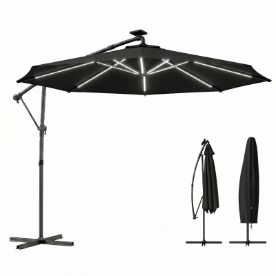 Outsunny 10 ft Offset Patio Umbrella with Solar Light, Garden Hanging Parasol with 360° Rotation, Tilt, Cover, Black
