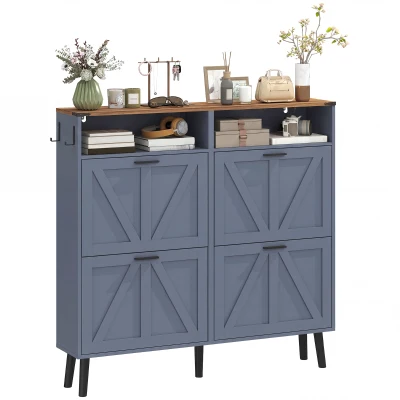 HOMCOM Shoe Storage Cabinet with 4 Flip Drawers, Farmhouse Narrow Shoe Cabinet, Holds Up to 24 Pairs, Blue