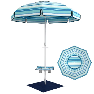 Outsunny 6 ft Portable Beach Umbrella with Foldable Table, Tilting Outdoor Sun Shade with Sand Anchor, Sandbag, Dark Blue