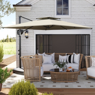 Outsunny Square Cantilever Patio Umbrella, Double Top Patio Hanging Offset Umbrella with Crank & Tilt, 8' x 9', Light Grey