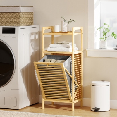HOMCOM Bamboo Laundry Cabinet, Tilt Out Laundry Hamper with Removable Basket and Open Shelves, Natural