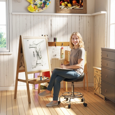 HOMCOM PU Leather Rolling Stool, Height Adjustable Swivel Salon Chair with Backrest and Foot Rest for Spa, Tattoo, Black