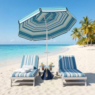 Outsunny 6 ft Portable Beach Umbrella with Foldable Table, Tilting Outdoor Sun Shade with Sand Anchor, Sandbag, Dark Blue