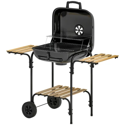 Outsunny Charcoal BBQ Grill, BBQ Grill with 1840 cm² Cooking Area, 3 Shelves, Adjustable Vent, Lockable Lid, Wheels, Black