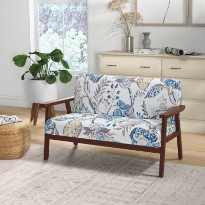 HOMCOM Compact Loveseat Sofa Couch Linen Fabric Double Seat Sofa with Rubber Wood Legs Multicolour