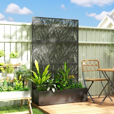 Outsunny Metal Planter Box with Trellis, 70" Raised Garden Bed with Trellis Privacy Screen for Climbing Plants, Leaves Cut-Out