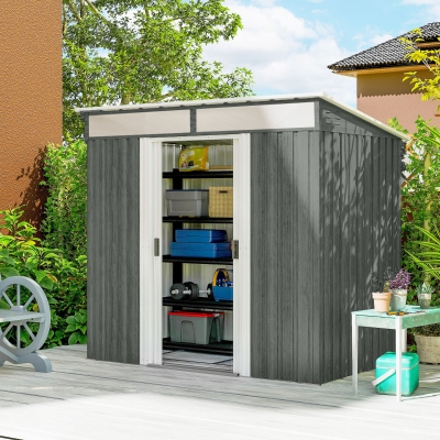 Outsunny 6.5x4FT Galvanised Metal Shed with Foundation Kit, Lockable Garden Tool Storage House with Sliding Doors, Vents, Grey