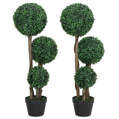 HOMCOM 35 Inch Potted Fake Plant Set of 2, Artificial Boxwood Topiary Tree, Triple Ball Tree for Indoor and Outdoor, Green