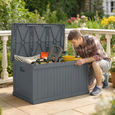 Outsunny 70 Gallon Deck Box, Resin Outdoor Storage Box with Handles, Waterproof Storage Container for Garden Tools, Dark Grey