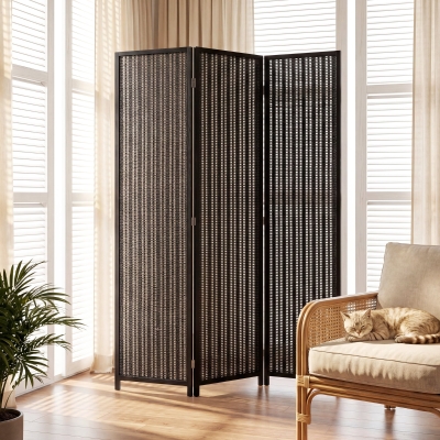 HOMCOM Folding Privacy Screen, 3 Panel Room Divider, Freestanding Partition with Handwoven Bamboo and Pine Wood Frame, Black