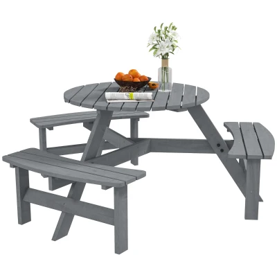 Outsunny 6 Person Round Picnic Table Bench Set with Umbrella Hole, Wood Patio Table with 3 Built-in Benches for Garden, Deck, Backyard, Grey