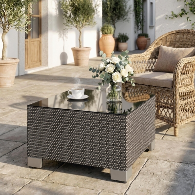 Outsunny 21.7" Square Patio Table, Small Outdoor Patio Coffee Side End Table with Tempered Glass Top, Black