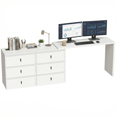 HOMCOM L Shaped Computer Desk Home Office Desk with 6 Drawers White Wood Grain