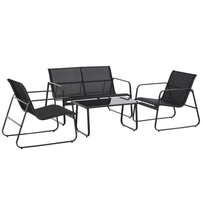 Outsunny 4 Piece Patio Furniture Set, Outdoor Conversation Set with Loveseat Sofa, Armchairs, Glass Top Coffee Table, Black