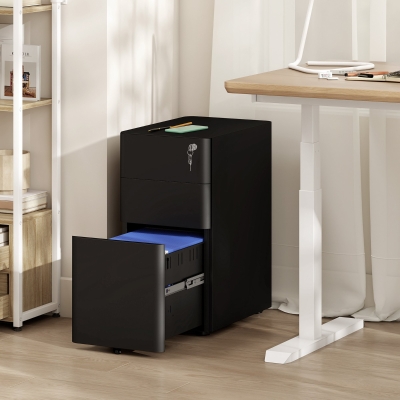 Vinsetto 3 Drawer Filing Cabinet, Lockable Steel Office Storage Cabinet with Hanging Bar for Letter, A4, Legal Files, Black