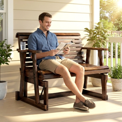 Outsunny Outdoor Glider Bench, Wooden Glider Chair with 2 Cupholders, Slatted Seat and Armrests, Patio Swing Rocking Loveseat