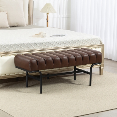 HOMCOM Bedroom Bench PU Leather End of Bed Bench with Cylindrical Seat and Metal Legs for Bedroom Living Room Hallway Brown