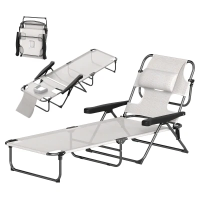 Outsunny Folding Lounge Chair w/ Reclining Back, Cream White