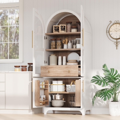 Arched Kitchen Pantry Cabinet with Large Hidden Drawer, Glass-Door Storage with Soft-Close Hinges, 30'' L x 15.5'' W x 71'' H, White