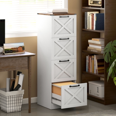 HOMCOM 4 Drawer File Cabinet with Silent Slides, Vertical Farmhouse Filing Cabinet Fits Letter/A4 Size Home Office, White