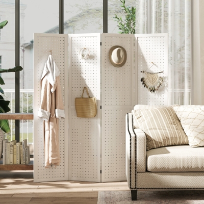 HOMCOM 5.6 Ft. Tall 4-Panel Room Divider, Pegboard Panel Folding Privacy Screen, Partition Wall Divider for Bedroom, White