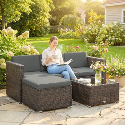 Outsunny 3 Pieces Patio Furniture Set with Cushions, Outdoor PE Rattan Wicker Conversation Corner Sofa Set, Dark Grey